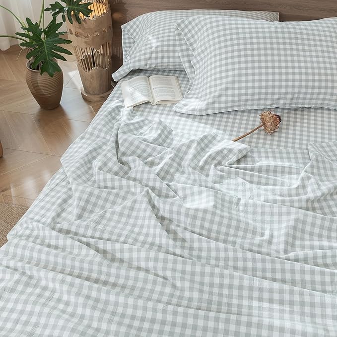 MooMee Gingham Sheet Set 100% Washed Cotton Linen Like Textured Breathable Soft w/Fully Elasticized 16-19" Deep Pocket (Classic Gingham Northern Droplet Grey, King)