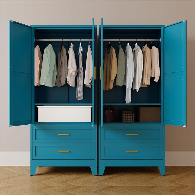 Metal Armoire Wardrobe Closet,71" Tall Blue Storage Cabinet with Hanging Rod,2 Drawers & Adjustable Shelves,Heavy-Duty Steel Wardrobe for Bedroom, Garage, and Office
