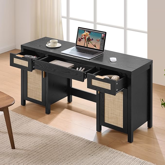 SICOTAS 2 Pieces Rattan Vanity Home Office Desk - Big Boho Makeup Vanities Benches with Drawers & Storage Cabinets, Dressing Vanity Table for Makeup Room, Bedroom, Home Office, Black Oak