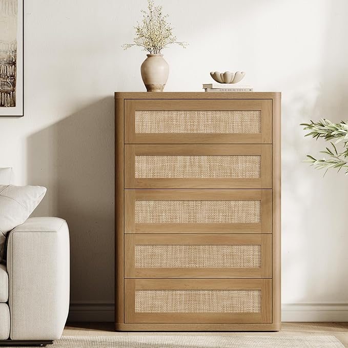 SICOTAS Tall Dresser for Bedroom - Rattan 5 Drawer Dressers Chest of Drawers with Push-to-Open Design, Modern Extra Deep Clothes Dresser with Large Storage for Closet, Living Room, Amber Oak