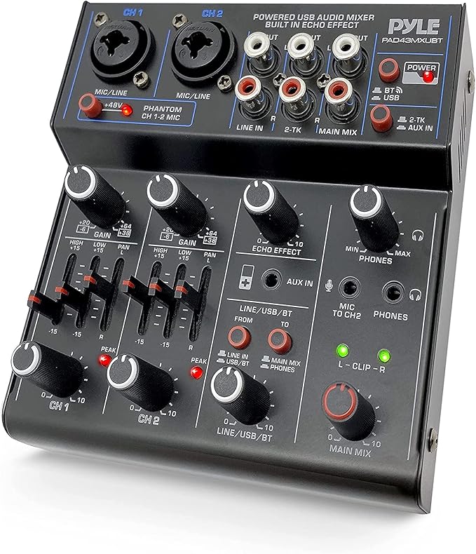 Pyle Professional Wireless DJ Audio Mixer - 4 Channel Bluetooth Controller Sound Mixer, USB Audio Interface, 2 Combo Jack XLR+6.35mm Mic/Line/Guitar in, 3.5mm, RCA AUX, Headphone Jack - PAD43MXUBT