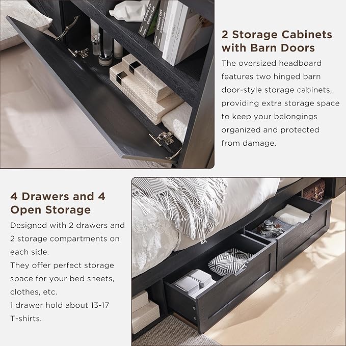ACCOHOHO Farmhouse Queen Size Bed Frame with 52" High Storage Bookcase Headboard and 4 Drawers,Wooden Bed Frame with LED Light and Charging Station,Black