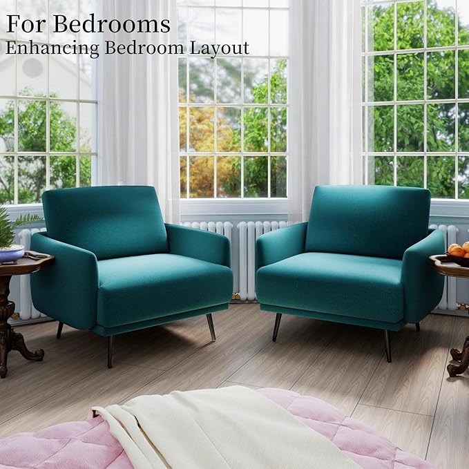 Oversized Accent Chair for Living Room Cozy Reading Chairs Mid-Century Modern Accent Chairs Armchair with Metal Legs Single Sofa Chair for Home Office (Set-of-2, Velvet Fabric- Lake Blue)