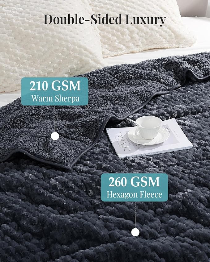 Topblan Weighted Blanket for Adults (60" x 80" 15lbs, Dark Grey), Soft Sherpa Queen Size Heavy Blanket, 3D Jacquard Flannel Fleece Weighted Blankets for Couch and Bed