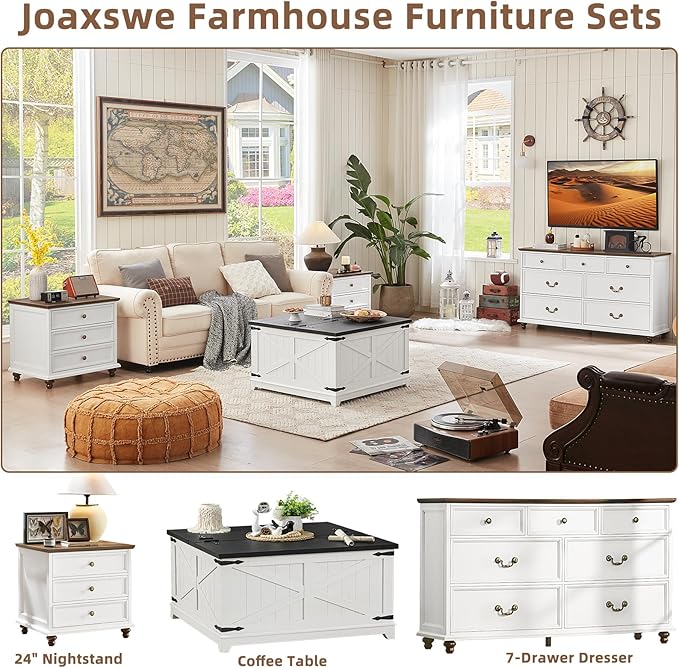 24" Wide Farmhouse Night Stand,Large End Table with 3 Drawers & Metal Handle,White Wood Dresser for Bedroom Cabinet, Bed Side Tabl·e Chest of Drawers,Nightstand for Living Room