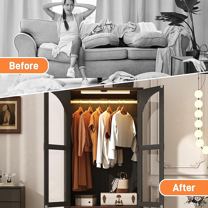 Tall Farmhouse 2 Doors Armoire Wardrobe Closet with LED ,72" Freestanding Arched Wardrobe Closet Cabinet for Bedroom w Glass Doors,Wooden Clothing Storage Cabinet,Closets for Bedroom(Black)