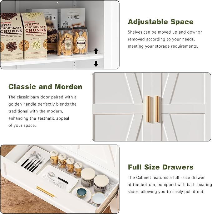COFaR Metal Storage Cabinet, Farmhouse Storage Cabinet with 2 Doors and 4 Adjustable Shelves - 71" White Kitchen Pantry Storage 5-Tier Tall Steel Cabinets Locker for Kitchen, Living Room, Dining Room