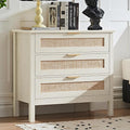 LEYAOYAO 31.5" Wide Rattan Nightstand, Large Boho 3 Drawer Night Stand, Grey White Bedside Table with Storage, Tall Bed Side End Tables, Chest of Drawers Dressers for Bedroom, Living Room, Hallway