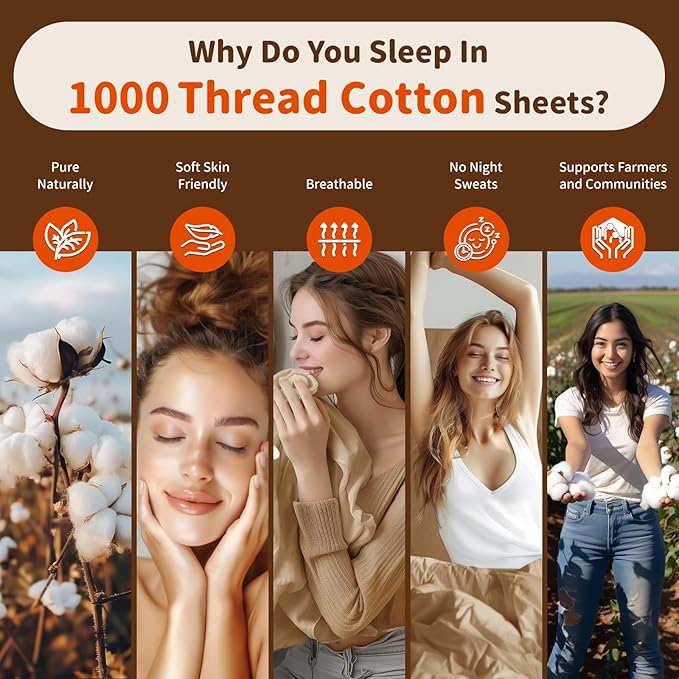 LBRO2M 1000 Thread Count 100% Egyptian Cotton Sheets Set Twin XL, 3 Piece Sets Bed Sheet Deep Pocket Sheet Set 16" Soft Comfortable All Season(Twin XL, Cream)