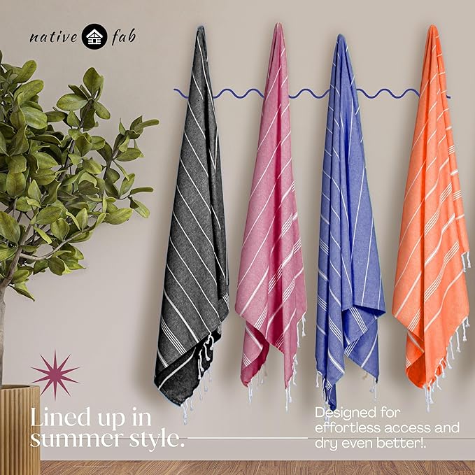 Native Fab Oversized Turkish Beach Towels 4 Pack, Fast Drying, Lightweight, Sand Free, Multipurpose Cotton for Pool, Spa, Travel, Summer - Black, Burgundy, Indigo Blue, Orange