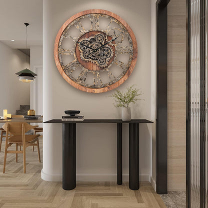 HOIBAI Large Wall Clock 24 Inch Large Clocks for Living Room Decor with Moving Gears Vintage Industrial Steampunk Farmhouse Big Clock for Home Kitchen Bedroom Office