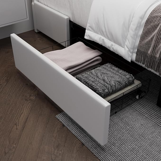 Keyluv Queen Bed Frame with RGB LED Lights Headboard & 2 Storage Drawers, Modern Upholstered Faux Leather Smart Platform Iron Metal Decor, USB USB-C Charging Ports, No Box Spring Needed, White