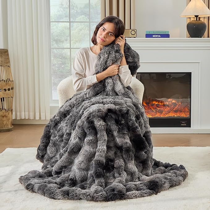 Fluffy Blanket - Soft Luxury Faux Rabbit Fur Throw - Cozy Fuzzy Plush Bubble Blanket, Warm & Decorative - Queen Size 90''x90'', Tie-Dyed Dark Grey