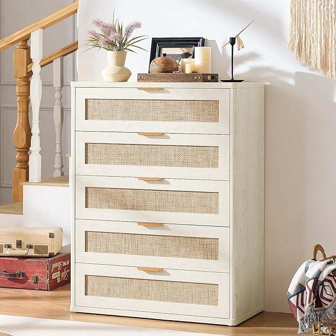 LEYAOYAO Rattan Dresser and Nightstand Sets 3, Boho Wood Dresser for Bedroom with 6 Drawers and Night Stand with 3 Drawer, Bedroom Furniture, Dressers & Chests of Drawers, Living Room, Hallway
