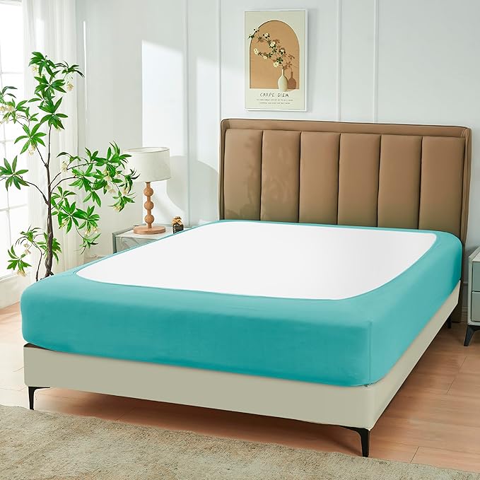 Biscaynebay Decorative Box Spring Cover King & Cal King Size, Aqua Luxurious Jersey Knitting Stretchy Wrap Around 4 Sides Bed Skirt for Home/Hotels, Easy Fit Wrinkle & Fade Free Machine Washable