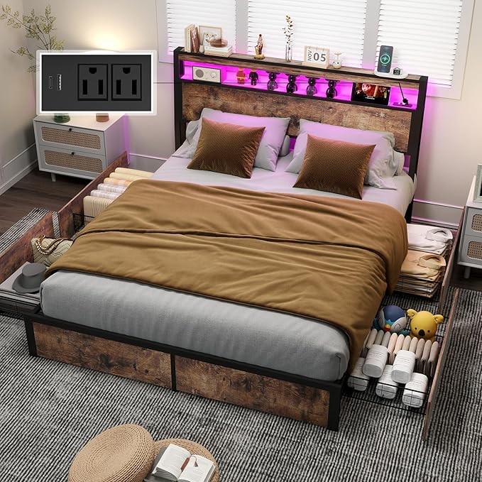 Full Size Bed Frame with 4 Storage Drawers and Headboard with Charging Station and LED Lights,2 Tier Solid Wood Headboard Storage,Noise Free, No Box Spring Needed/Remote/Vintage Brown