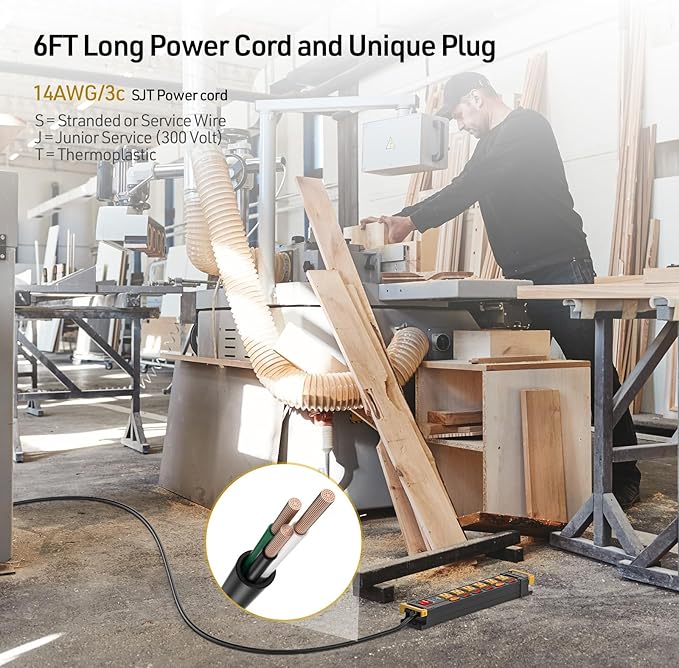 CRST 6 Outlets Wide Spaced Power Strip, Metal Wall Mount Surge Protector Power Strip with Individual Switches and Cord Manager for Garage, Shop, Office, Home. 1020Joules, 15Amp/1875W, 6 FT Cord