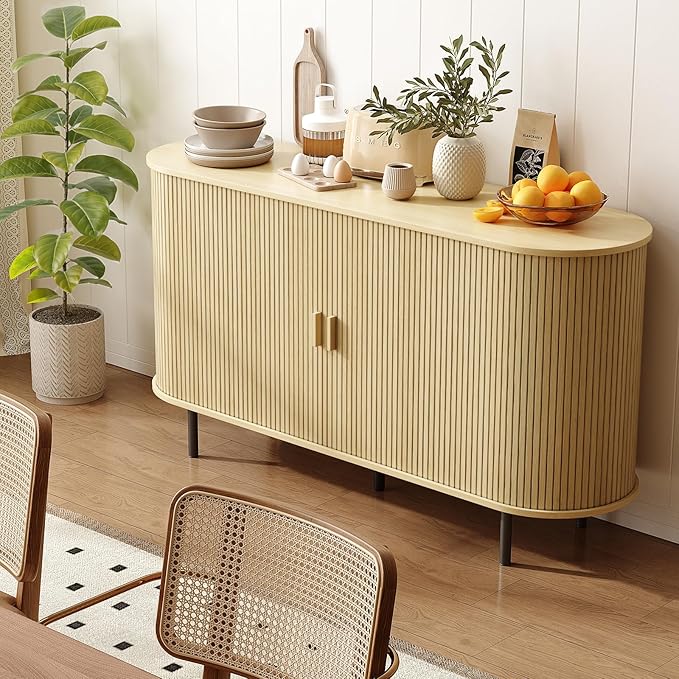 ONBRILL 55" Sideboard Buffet Cabinet with Storage, Sliding Door & Adjustable Shelf, Modern Accent Coffee Bar Console Table for Kitchen, Entryway, Oak