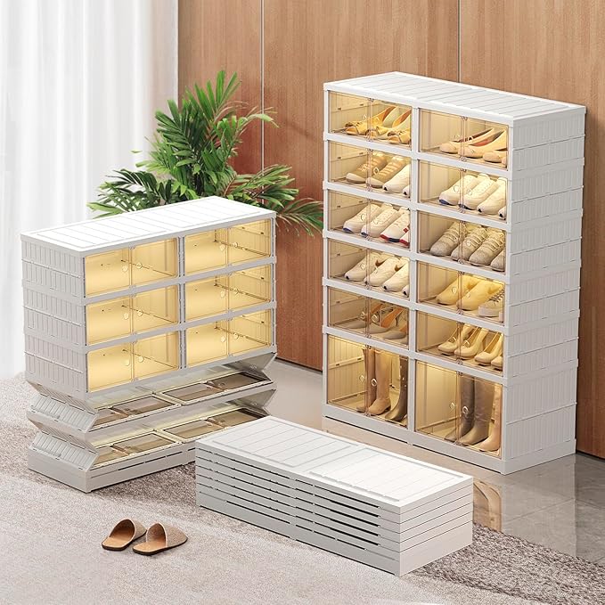 6-Tier Foldable Shoe Rack Organizer for Closet 24Pairs Plastic Shoe Shelf Collapsible Shoes Storage Box Clear Shoe Boxes Stackable with Door Easy Assembly Shoe Cabinet with Lids Large