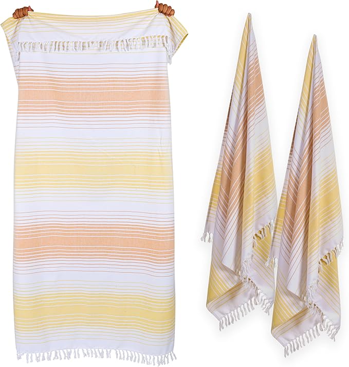 Native Fab 100% Cotton Peshtemal Turkish Bath and Beach Towels Set of 2, Large 40x71 Travel Sarong Gym Pool Spa Towels, Ultra Soft Quick Dry Absorbent Fouta Hammam Peshtemal Towels Yellow