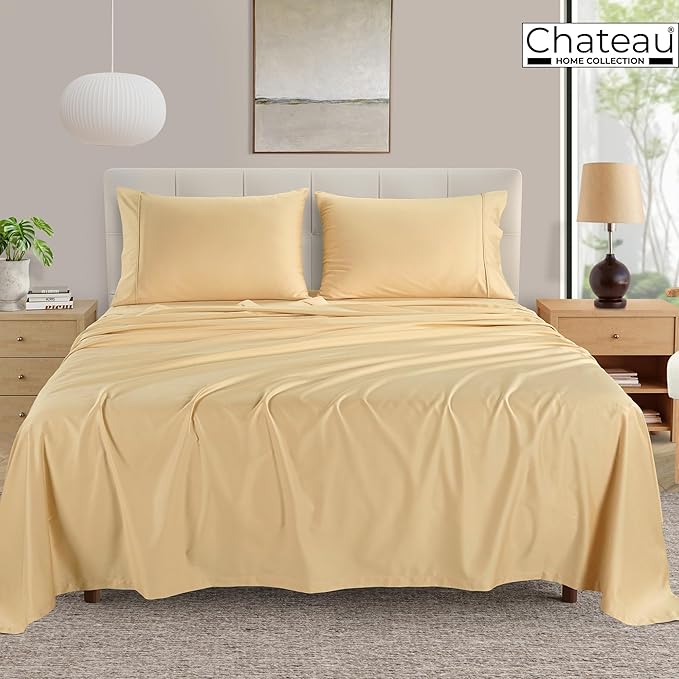 400 Thread Count Queen Cotton Sheet Set, 15" Deep Pocket Queen Sheet Set, Luxury Sateen Weave 4 Piece Naturally Cool Soft Breathable Elasticated Luxury Bedding For All Seasons- Semolina