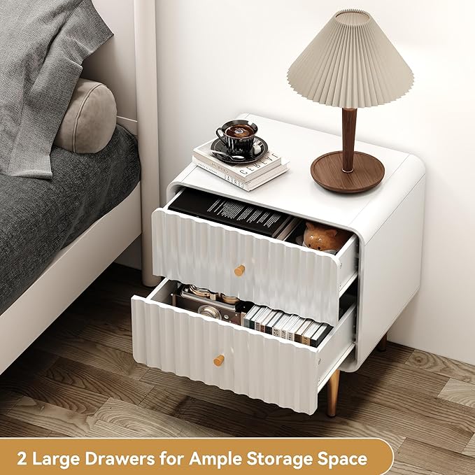 HLR Modern Nightstand, Fluted Bed Side Table with 2 Drawers Storage, Wood End Table with Gold Metal Handle, White Night Stands for Bedroom