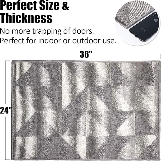 Indoor Doormat 24"x 36", Absorbent Front Back Door Mat, Rubber Backing Non Slip Floor Mats Inside Mud Dirt Trapper Outside Entrance Front Door Rug Carpet, Machine Washable Low Profile - Grey Geome