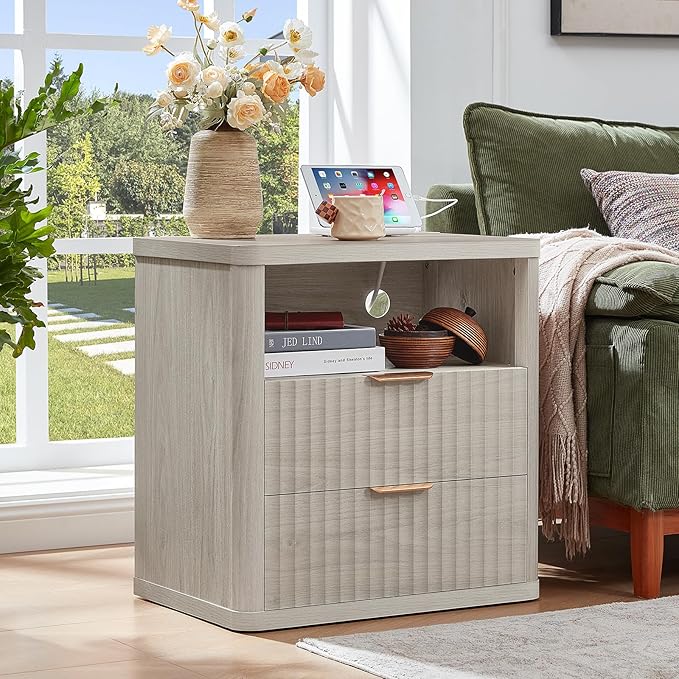 LEYAOYAO Fluted Farmhouse Nightstand Set of 2 with Charging Station, 23" Wide 2 Drawers Night Stand,LightGrey Dresser for Bedroom,Bed Side Table Chest of Drawers,Wood End Table for Living Room