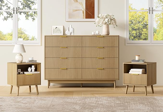 LYNSOM Fluted Dresser and Nightstand Sets 3 Piece, 8-Drawers Dresser and 1-Drawer Nightstands Set of 2, Wood Bedroom Furniture Set for Home, Bedroom, Hallway, Oak