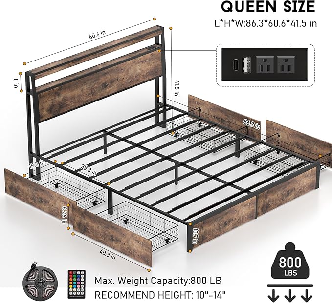Queen Size Bed Frame with 4 Storage Drawers and Headboard with Charging Station and LED Lights,2 Tier Solid Wood Headboard Storage,Noise Free, No Box Spring Needed/Remote Control/Vintage Brown