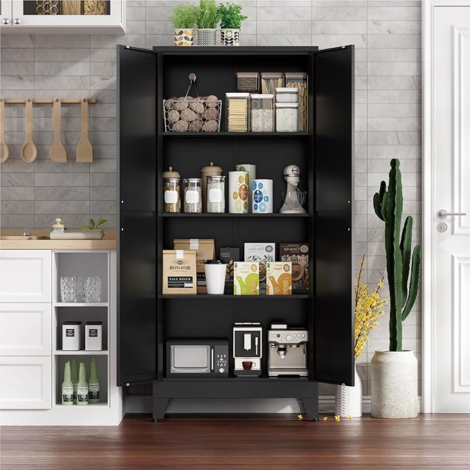 Farmhouse Pantry Cabinet with Barn Doors,61" H x 27.5" W,Metal Cabinet with Adjustable Shelves,4-Tier Storage Cabinet for Kitchen Dining Room Garage Office,Black