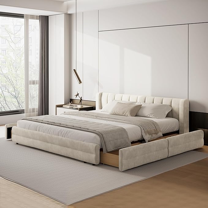 DEINPPA King Size Bed Frame with 4 Storage Drawers and Cloud Soft Headboard, Chenille Upholstered Grounded Wood Base Bed Frame, No Box Spring Needed-Beige