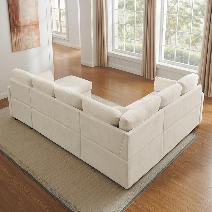 111'' Sectional Sleeper Sofa with Pull Out Bed, U Shaped 6 Seat Modular Couch with Storage Chaise, Modern Sectional Couch, Cloud Chenille Sofa Bed for Living Room Apartment, Beige