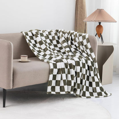 LOMAO Throw Blankets Flannel Blanket with Checkerboard Grid Pattern Soft Throw Blanket for Couch, Bed, Sofa Luxurious Warm and Cozy for All Seasons (Dark Olive, 40"x50")