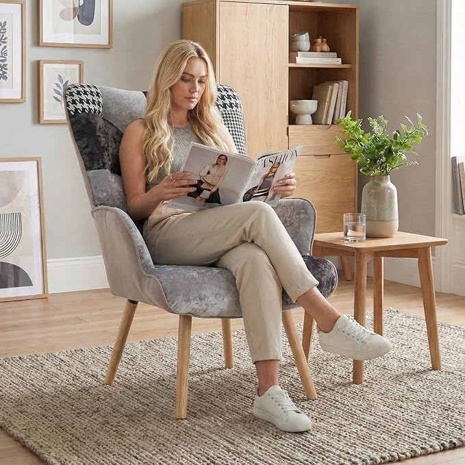 Joysoul Living Room Accent Chair Modern High Back Arm Chair, Houndstooth Pattern Bohemian Style Chairs for Bedroom Waiting Room