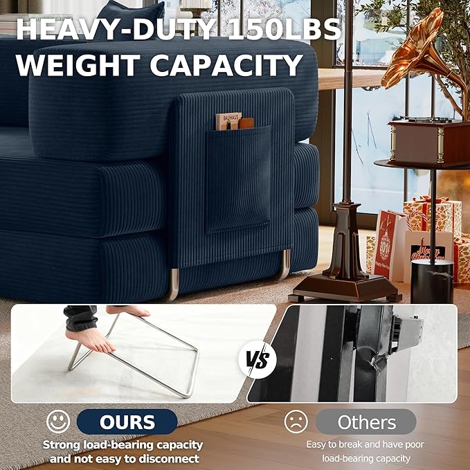 78.8" Convertible Futon Sofa Bed,Corduroy Futon Couch with Storage Pocket,Folding Pull Out Sofa,No Assembly Boneless Couch for Living Room,Navy