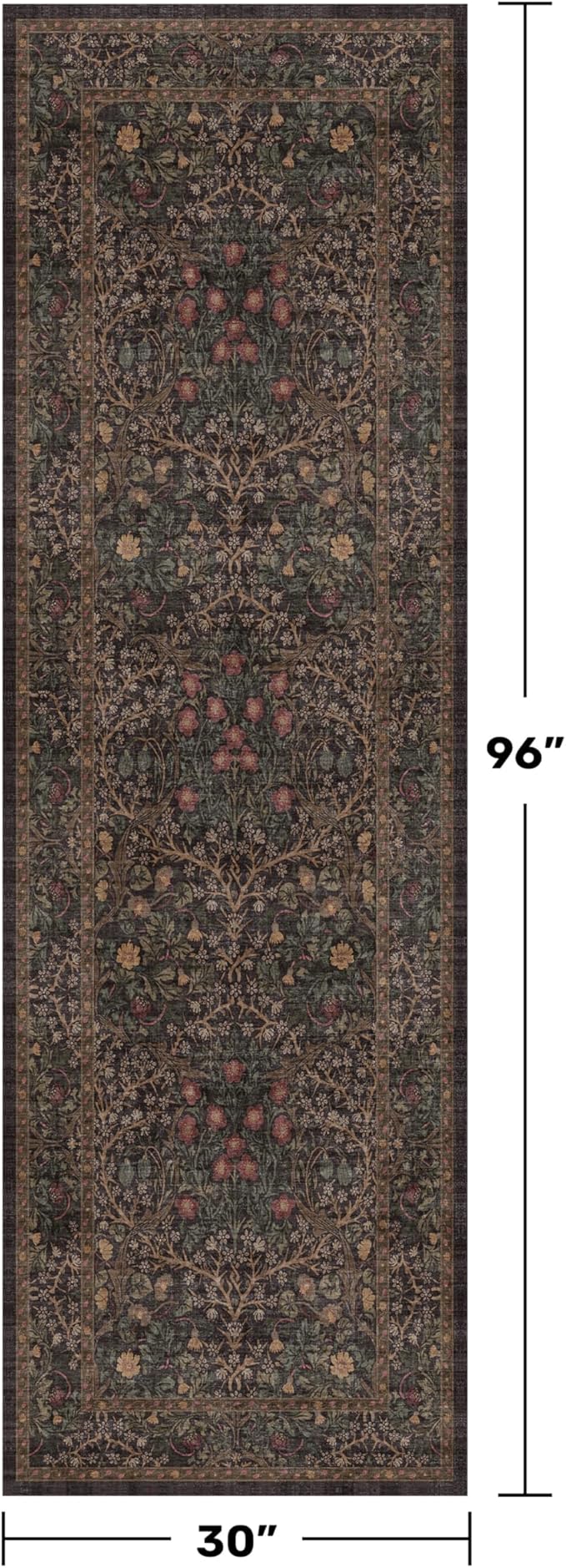 Dark Brown 2'6" x 8' Runner Rug for Hallways Non Slip, Extra Long Floor Runner for Kitchen, Entryway Indoor, Washable Rubber Backing Stain Resistant - Vintage Dark Green Botanical Floral Décor
