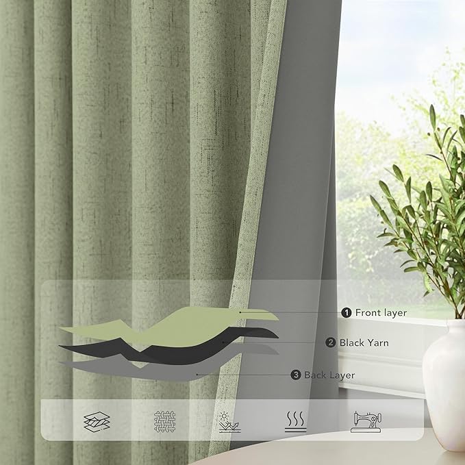 Light Sage Green Back Tab Blackout Curtains for Boys Room Girls 72 Inch Length 2 Panel Cotton Linen Look Window Treatments Thick Soundproof Curtains for Doors Living Room Darkening Drapes Cottagecore
