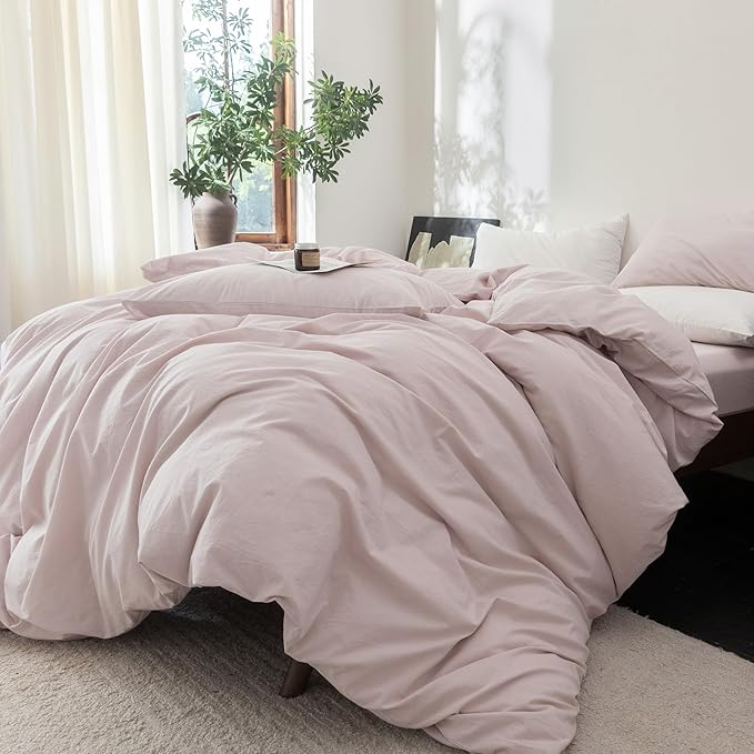 FOSSA Duvet Cover Set 100% Washed Cotton Linen Feel Super Soft Breathable Cozy 3 Pieces Bedding Sets Solid Greyish Pink Super King Plus