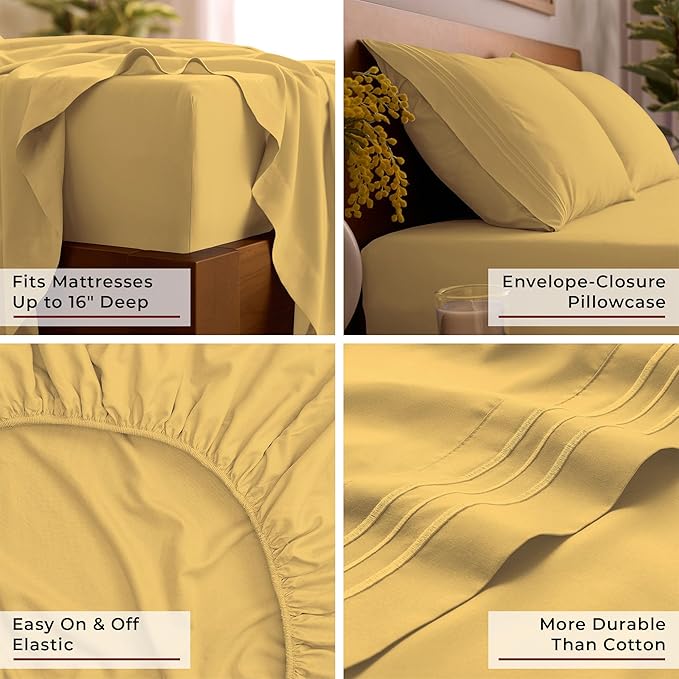 Mellanni Queen Sheet Set - 6-Piece Iconic Collection Bedding, (Including 4 Pillowcases), 16-Inch Deep Pocket, Easy Care, Extra Soft, Cooling Sheets, Brushed Microfiber - Yellow