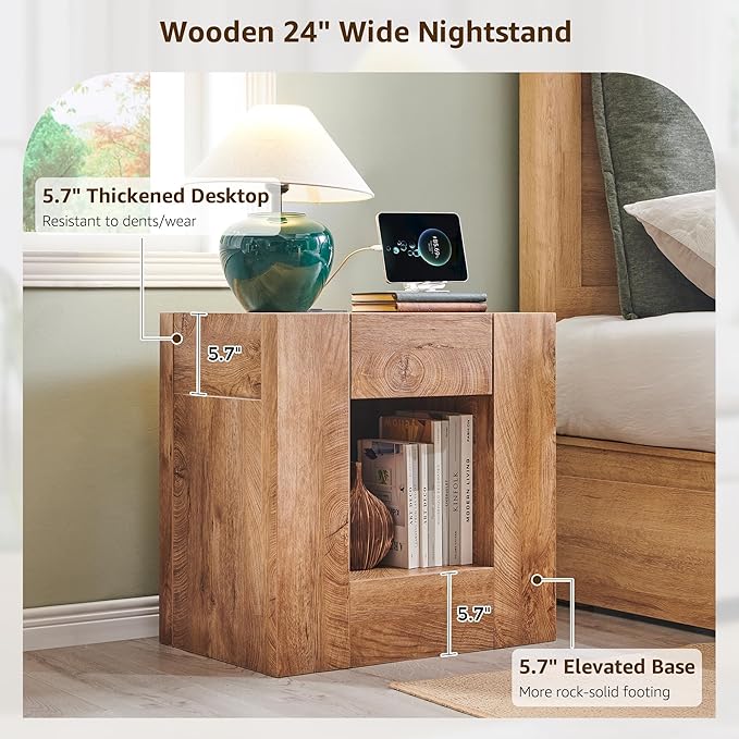 OKD 24'' Modern Nightstands Set of 2, Large Wooden End Table with Charging Station & Drawer & Storage Shelf, Rustic Square Bedside Table for Bedroom, Living Room, Wood Thick Design,Light Tree Knot