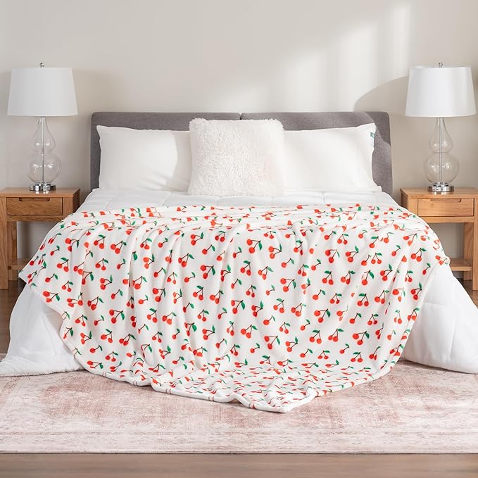 Berkshire Blanket-Classic Heavyweight Soft Printed VelvetLoft® Plush Blanket, Full/Queen Size Soft Fuzzy Warm Blanket for Couch Sofa Bed, Cherries Toss White, 90in x 90in