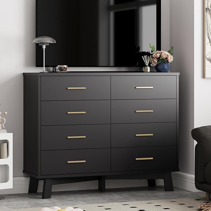Dresser for Bedroom, 8 Drawer Wide Modern Chest of Drawers with X-Shaped Sturdy Base, Wood Double Dresser Closet Clothes Storage Organizer, Wooden TV Stand for Living Room, Hallway, Black