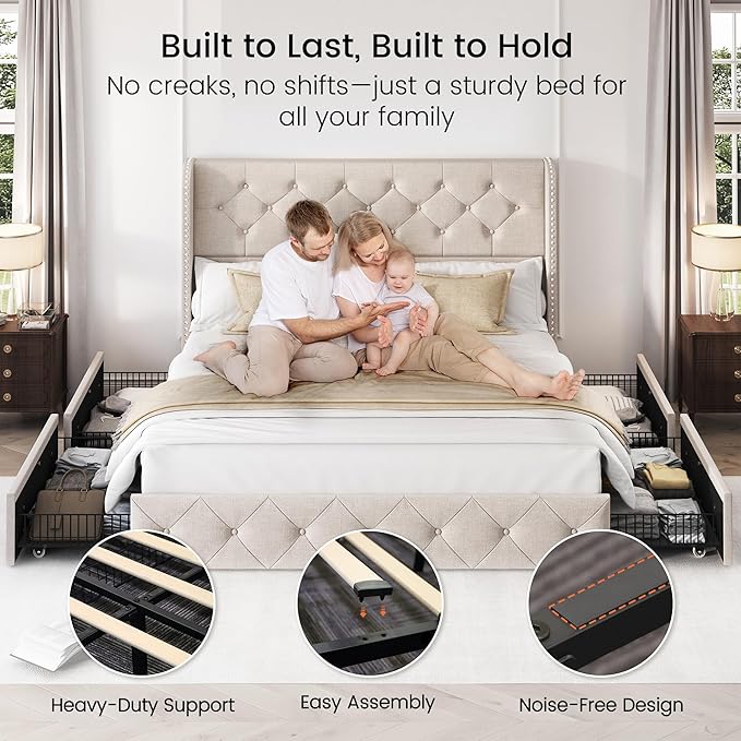 LARMACE Queen Size Bed Frame with 4 Storage Drawers and Tufted Headboard Linen Upholstered Platform Bed Frame Wingback Beds with Wooden Slats Support, Easy Assembly, Beige