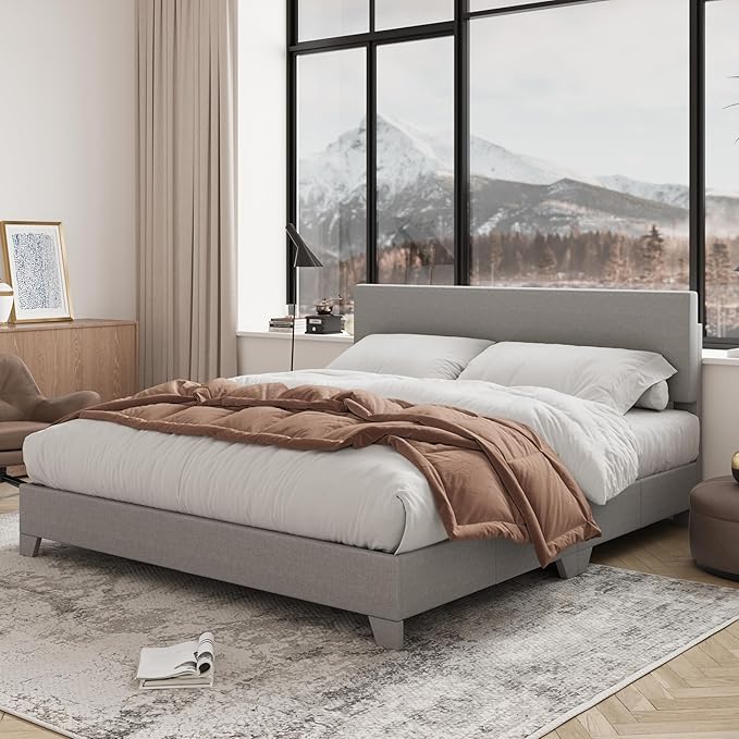 Allewie Full Size Bed Frame with Adjustable Headboard, Upholstered Platform Bed with Wood Slats, Heavy Duty Mattress Foundation, No Box Spring Needed, Noise-Free, Easy Assembly, Light Grey