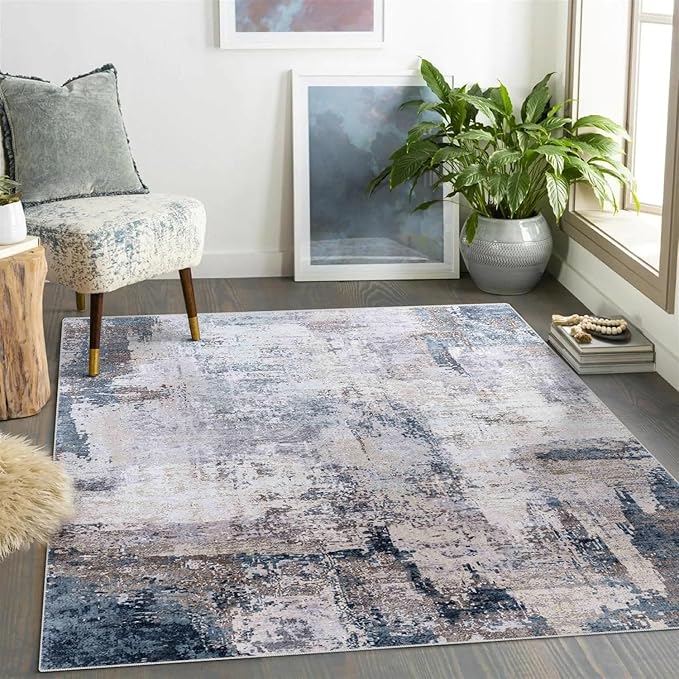 vivorug 9x12 Area Rugs for Living Room, Non Slip Machine Washable Modern Abstract Rug, Ultra-Thin Lightweight Large Area Rug Carpet for Bedroom, Dining Room, Low Pile Gray/Navy