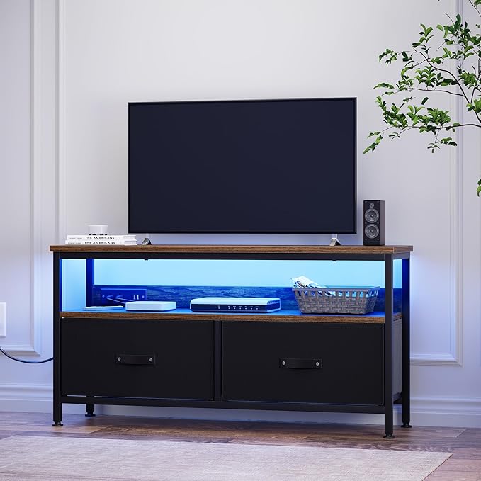 39" TV Stand for TVs up to 50", Media Console with Charging Station & LED Lights, 2 Drawer Storage Chest, Gaming Entertainment Center with Storage for Living Room, Brown, Medium