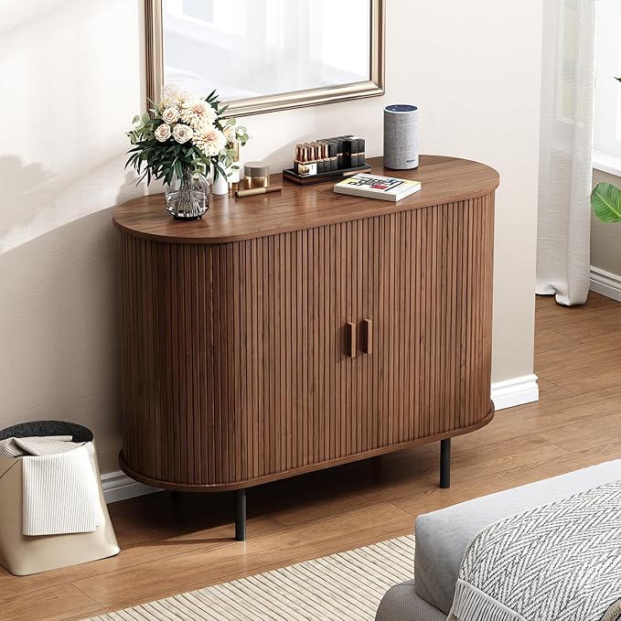 Buffet Cabinet with Storage, Fluted Sideboard Buffet with Sliding Door, Coffee Bar Cabinet with Adjustable Shelf, Console Table, Accent Table for Entryway, Kitchen (Walnut, 40 Inch)