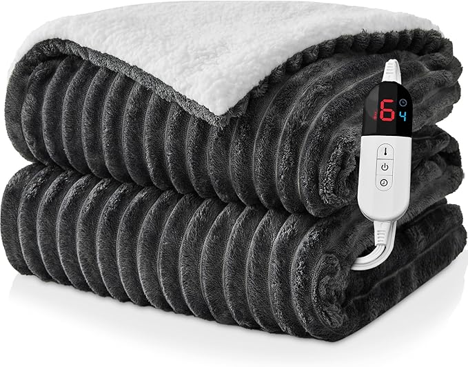 Electric Heated Blanket Queen Size Dual Control - 84"x90" Fast Heating Bed Blankets with 6 Heating Levels & 10 Hours Auto Off, Soft Ribbed Flannel, Over-Heat Protection ETL, Dark Gray