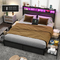 Fabuils Full Size Bed Frame with Storage, LED Wood Bed Platform with Headboard, 4 Drawers, Charging Station, No Box Spring Needed, Metal Support Base,Charcoal Grey